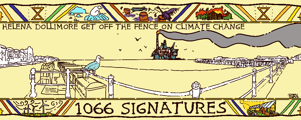 Climate leadership demand to Helenna Dolimore MP written on illustraion in style of Bayeux Tapestry