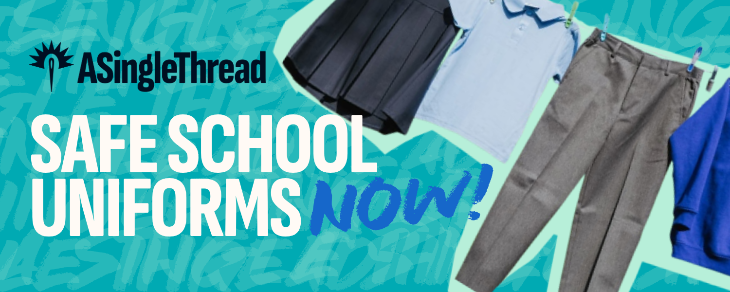 Banner reading Safe School uniforms NOW with a washing line of school uniform garments.