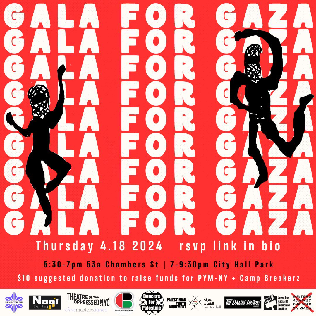 A red background with white text reading "GALA FOR GAZA" repeatedly. Two illustrated figures drawn in black and wearing keffiyehs strike dance poses. 