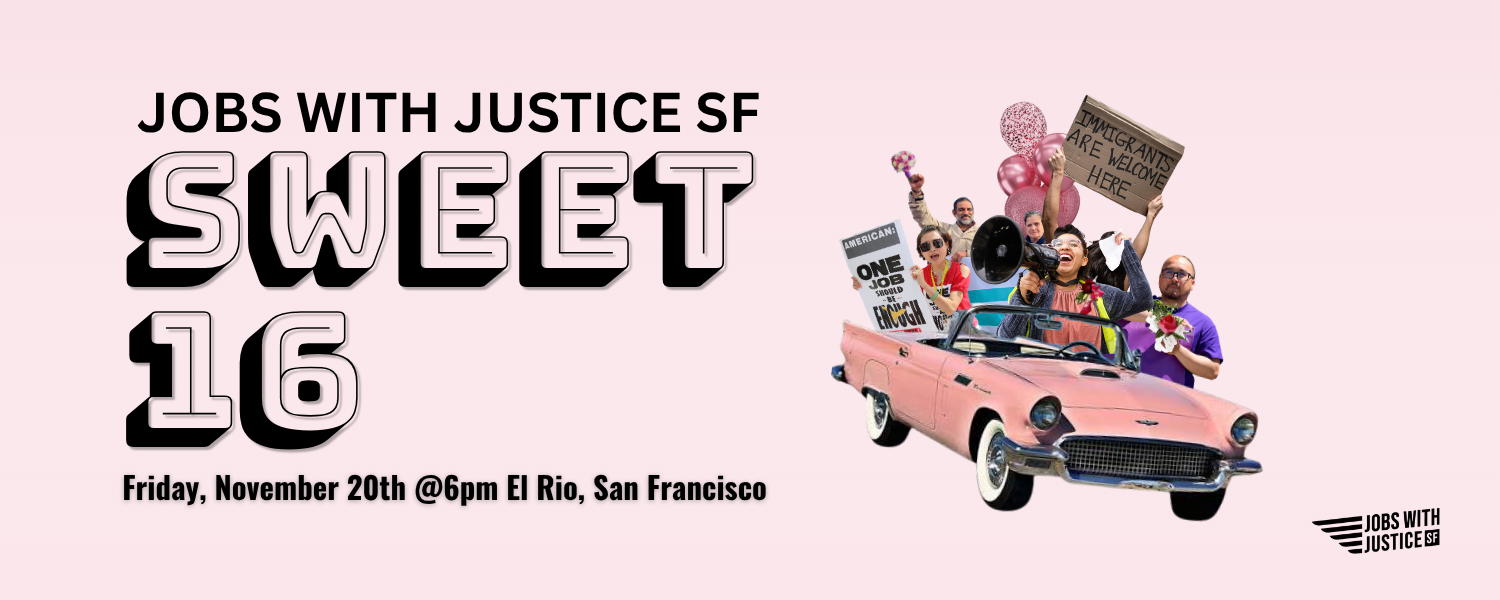 Photo of people in a pink convertible with the text Sweet 16! JwJSF Annual Gala
