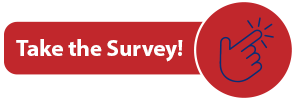 White text over a red background that reads Take the Survey! with a blue outline of a hand 