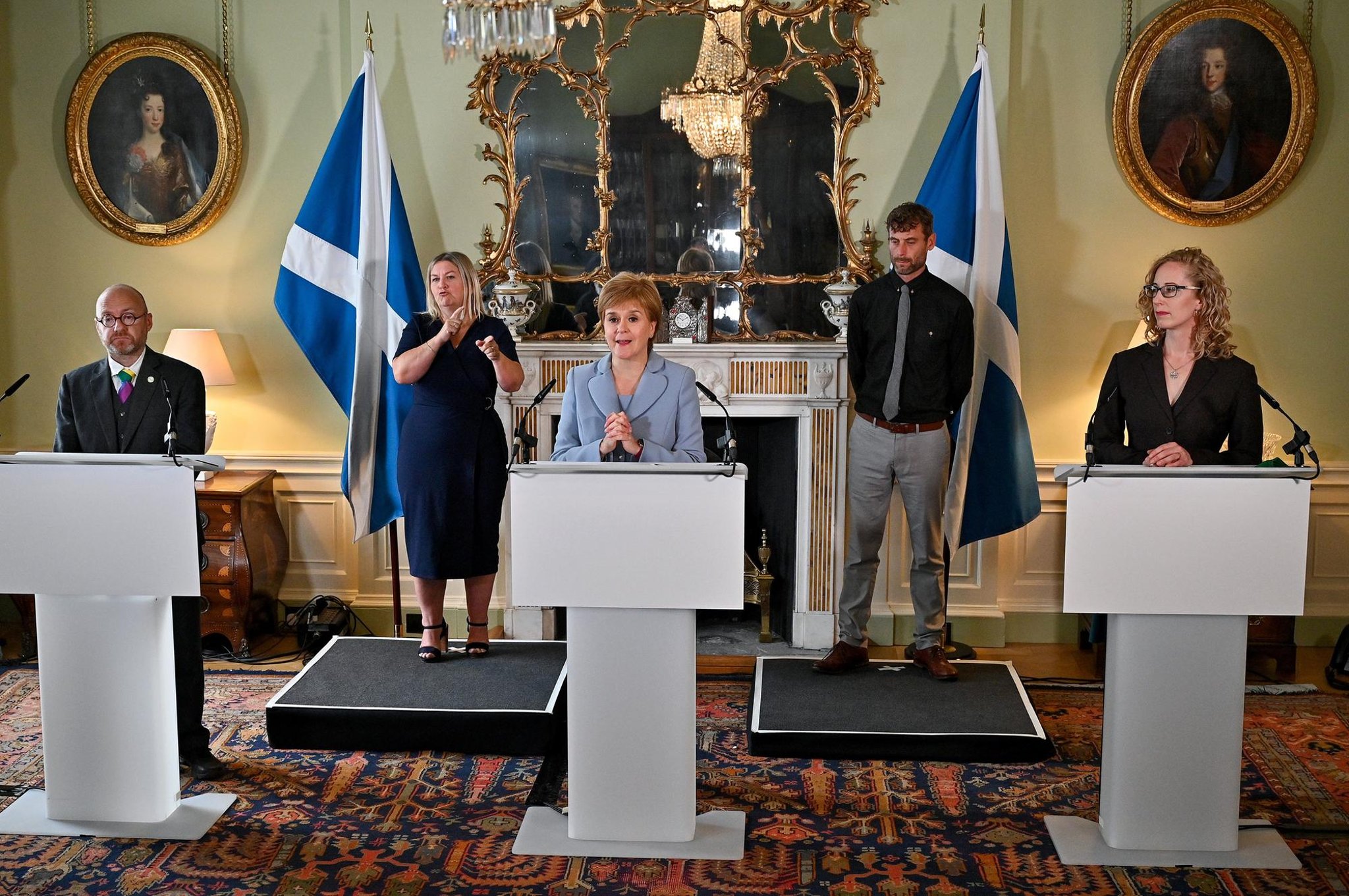 Nicola Sturgeon announcing the power sharing agreement with Scottish Green leaders Lorna Slater and Patrick Harvie 