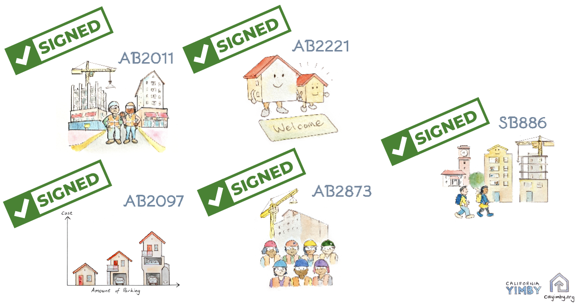 Graphic showing our five bills with a green "signed" stamp next to each bill number.