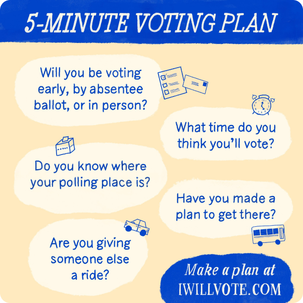 5 Minute Voting Plan: Will you be voting early, by absentee, or in person? What time do you think you'll vote? Do you know where your polling place is? Have you made a plan to get there? Are you giving someone else a ride? Make a plan at IWILLVOTE.COM