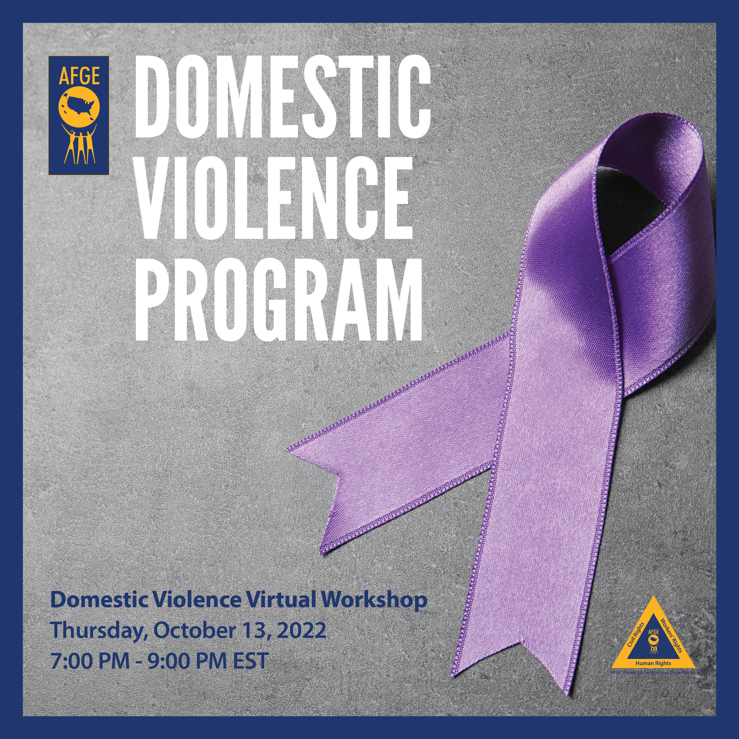 Domestic Violence Program Workshop flyer. Event held Thursday, Oct. 13 at 7pm ET