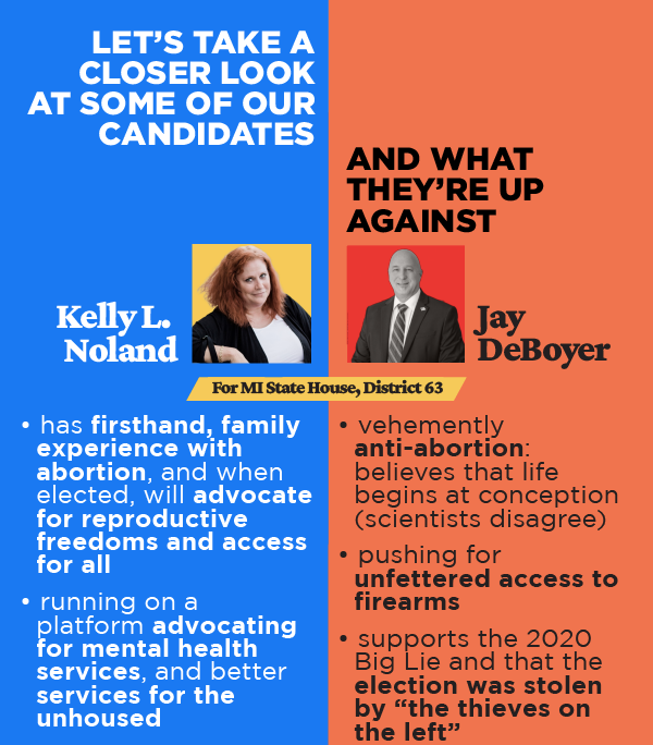 For MI State House, District 63. Kelly L. Noland: has firsthand, family experience with abortion, and when elected, will advocate for reproductive freedoms and access for all; running on a platform advocating for mental health services and better services for the unhoused. Jay DeBoyer: vehemently anti-choice and believes that life begins at conception (scientists disagree); pushing for unfettered access to firearms; supports the 2020 Big Lie and that the election was stolen by “the thieves on the left”