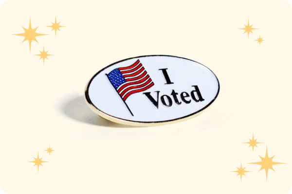 Image featuring the 'I Voted' pin from the Official Democratic Store