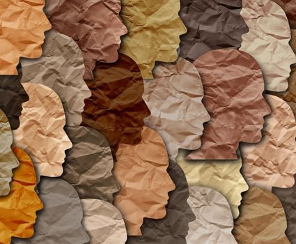 montage of wrinkled paper silhouettes of heads in profile resembling various skin tones