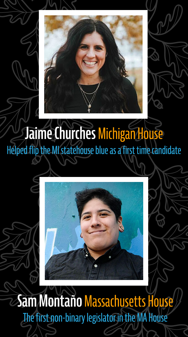 Jaime Churches, Michigan House: Helped flip the MI statehouse blue as a first time candidate. Sam Montaño, Massachusetts House: The first non-binary legislator in the MA House.