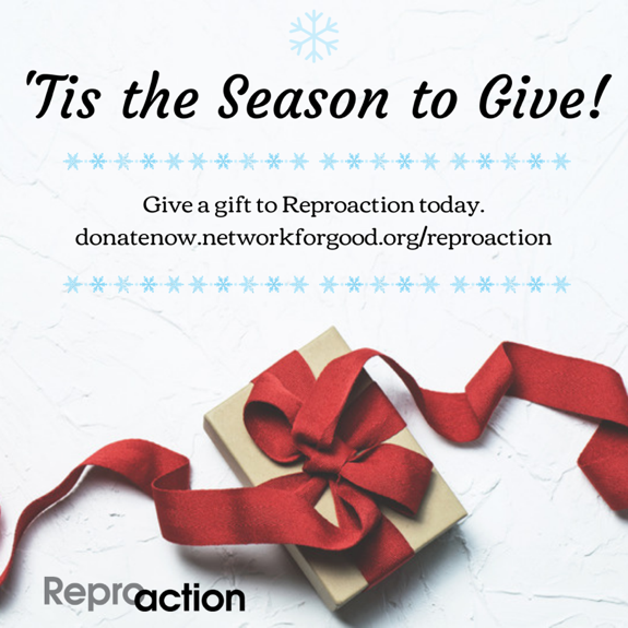 a white background with snowflakes. A present with an unwrapped red bow. Text read: ‘Tis the Season to Give! Give a gift to Reproaction today. Donatenow.networkforgood.org/reproaction.