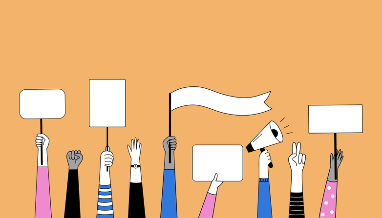 A cartoon drawing of several hands of varying color holding up signs and megaphones against an orange background. 