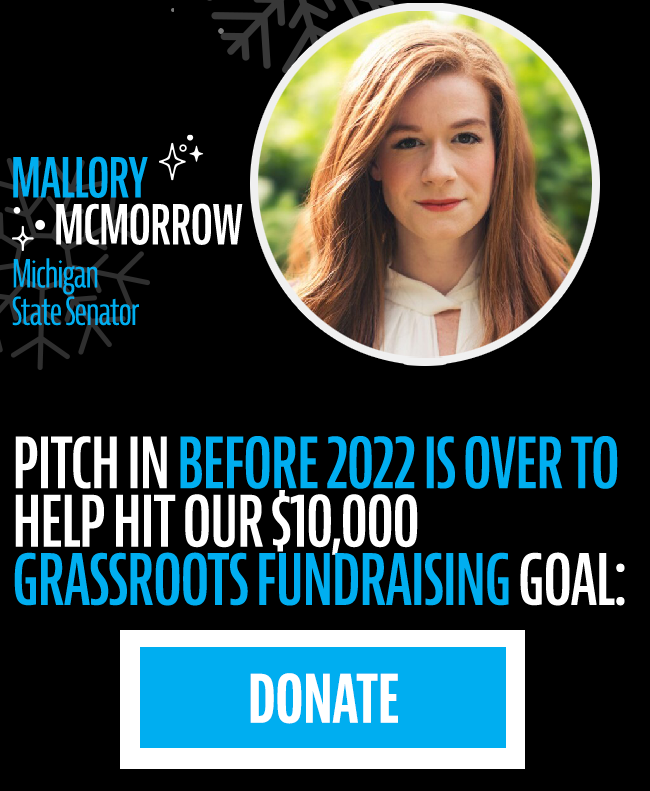 Mallory McMorrow: Michigan State Senator. Pitch in before 2022 is over to help hit our $10,000 grassroots fundraising goal. DONATE.