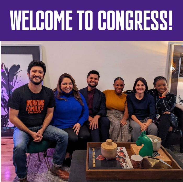 Card with image of Greg Casar, Delia Ramirez, Maxwell Frost, Summer Lee, Becca Balint, and Jasmine Crockett. Sign reads "Welcome to Congress!"