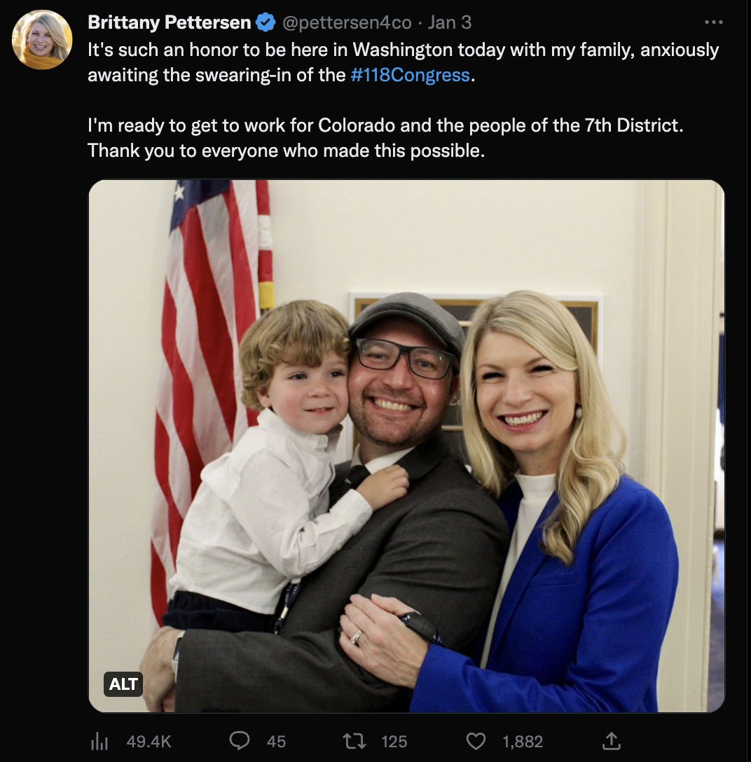 Rep-Elect Brittany Pettersen with her husband and son