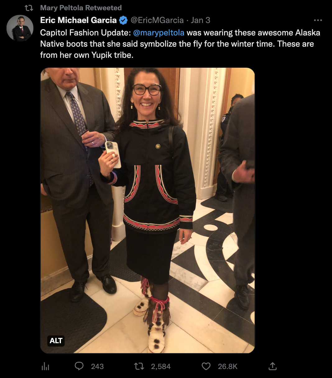 Rep-Elect Mary Peltola rocks traditional Yupik boots in the halls of Congress