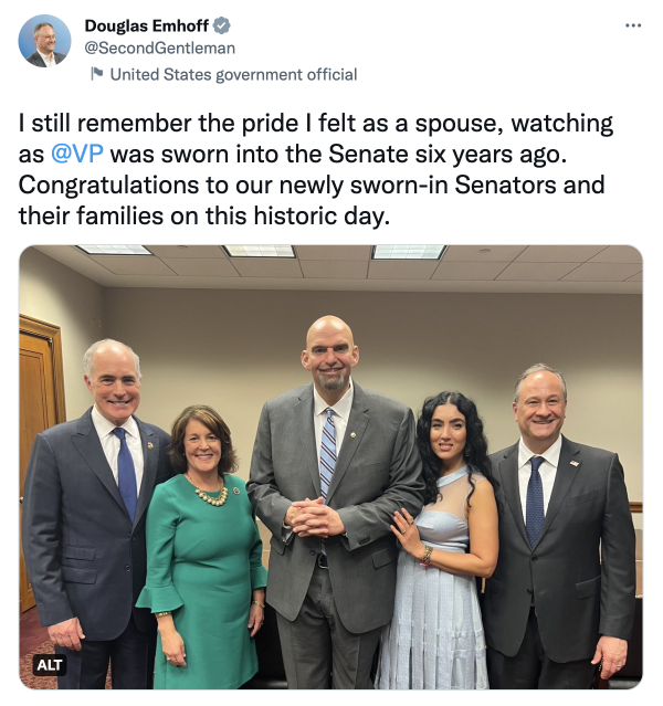 Tweet from @SecondGentleman: I still remember the pride I felt as a spouse, watching as @VP was sworn into the Senate six years ago. Congratulations to our newly sworn-in Senators and their families on this historic day.