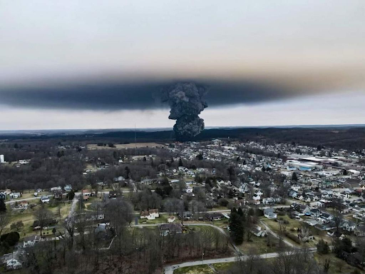 Aerial photograph of black smoke over East Palestine, Ohio 