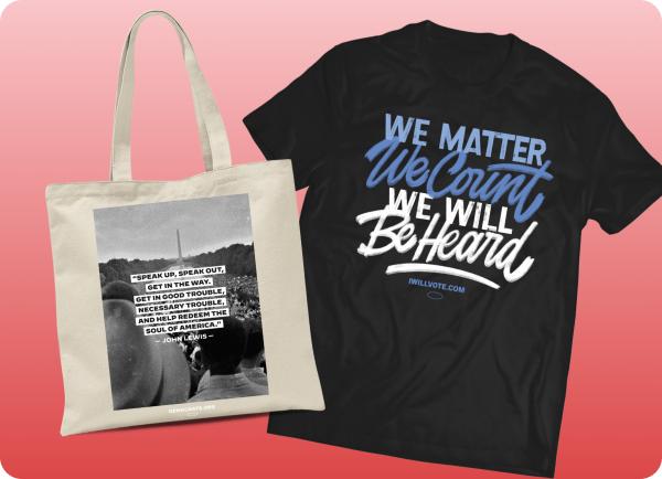 Image of the 'Good Trouble' Tote and 'We Matter, We Count, We Will Be Heard' Shirt from the Official Democratic Store