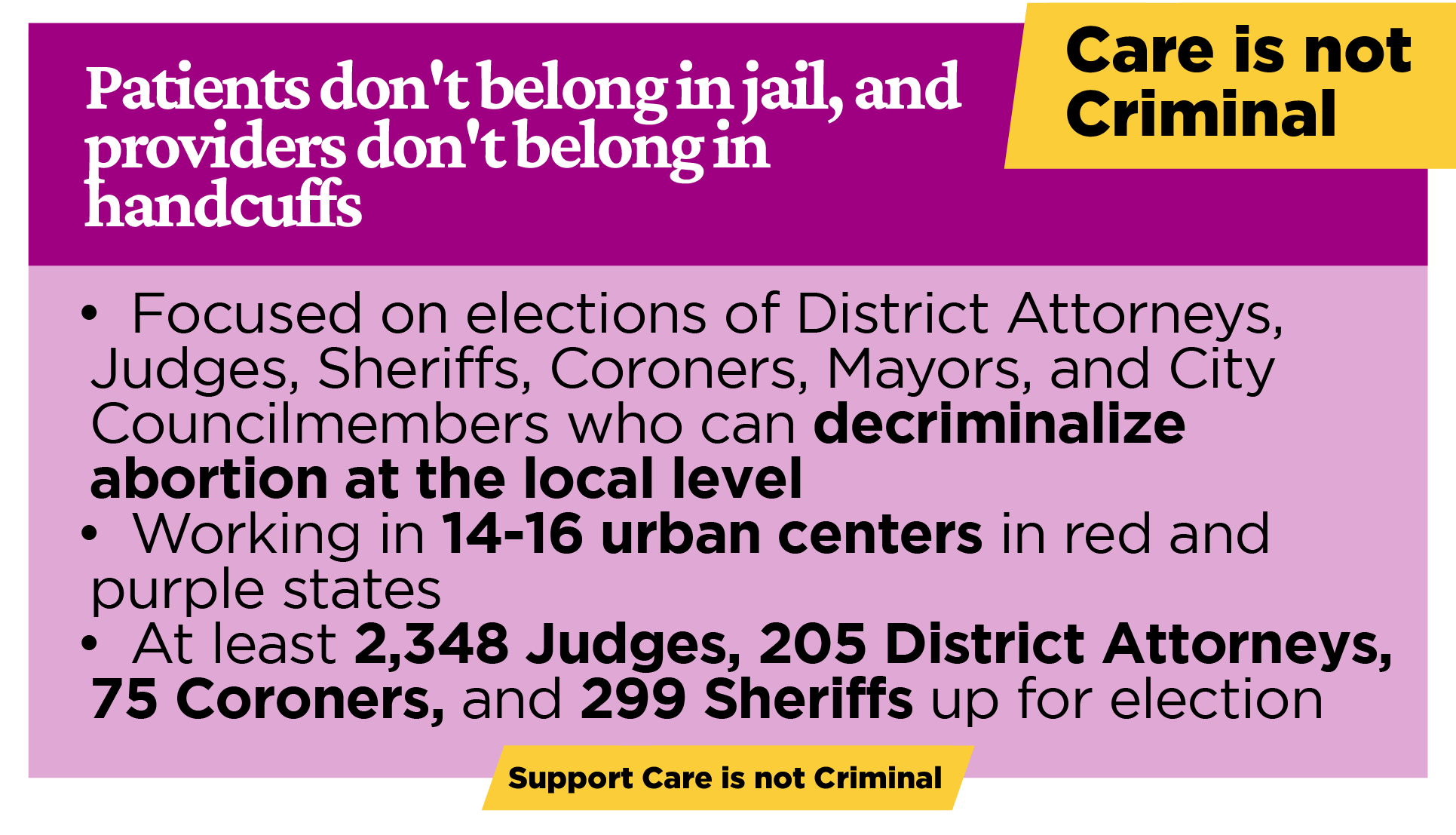  Patients don't belong in jail, and providers don't belong in handcuffs: Focused on election District Attorneys, Judges, Sheriffs, Coroners, Mayors, and City Councilmembers who can decriminalize abortion at the local level; Working in 14-16 urban centers in red and purple states; At least 2,348 Judges, 205 District Attorneys, 75 Coroners, and 299 Sheriffs up for election.