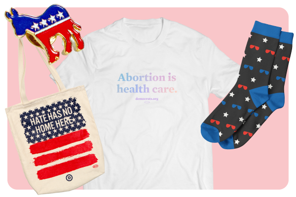 Vintage donkey pin, Aviator socks, Hate Has No Home Here tote, Abortion is Health Care shirt, and more.