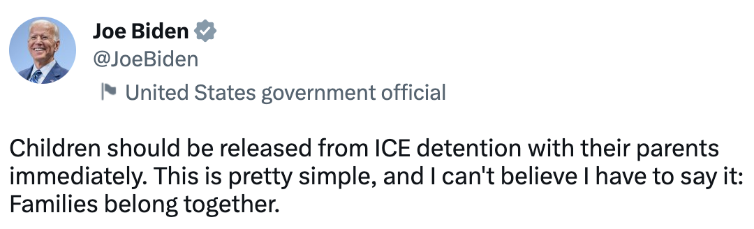 Children should be released from ICE detention with their parents immediately. This is pretty simple, and I can't believe I have to say it: Families belong together.