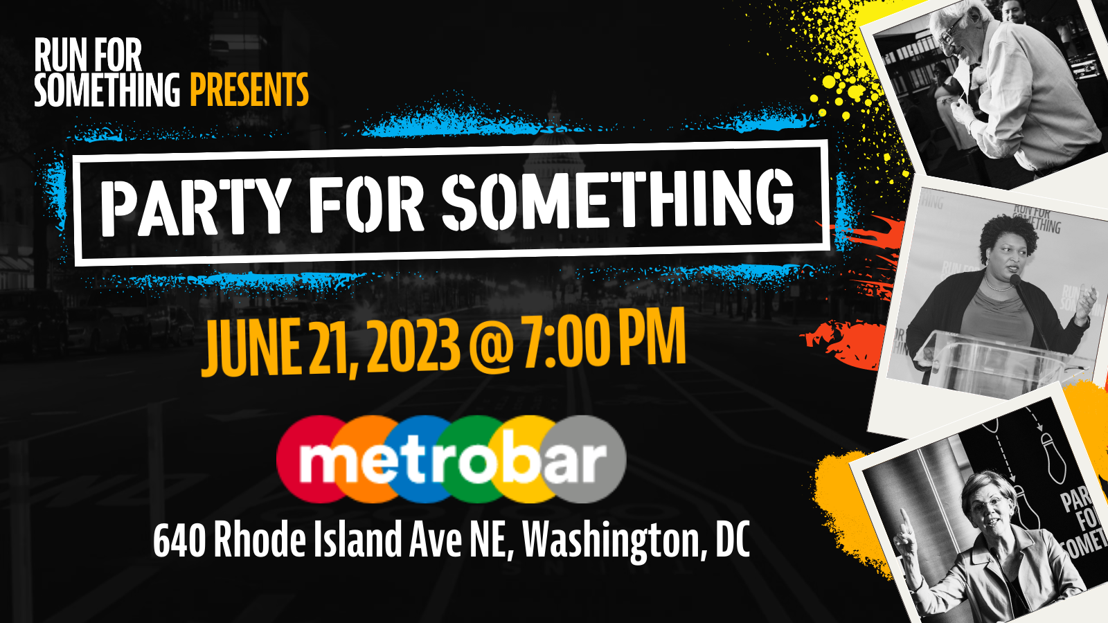 Run for Somethingn presents: Party for Something. June 21, 2023 @ 7:00 pm, metrobar, 640 Rhode Island Ave NE, Washington, D.C.