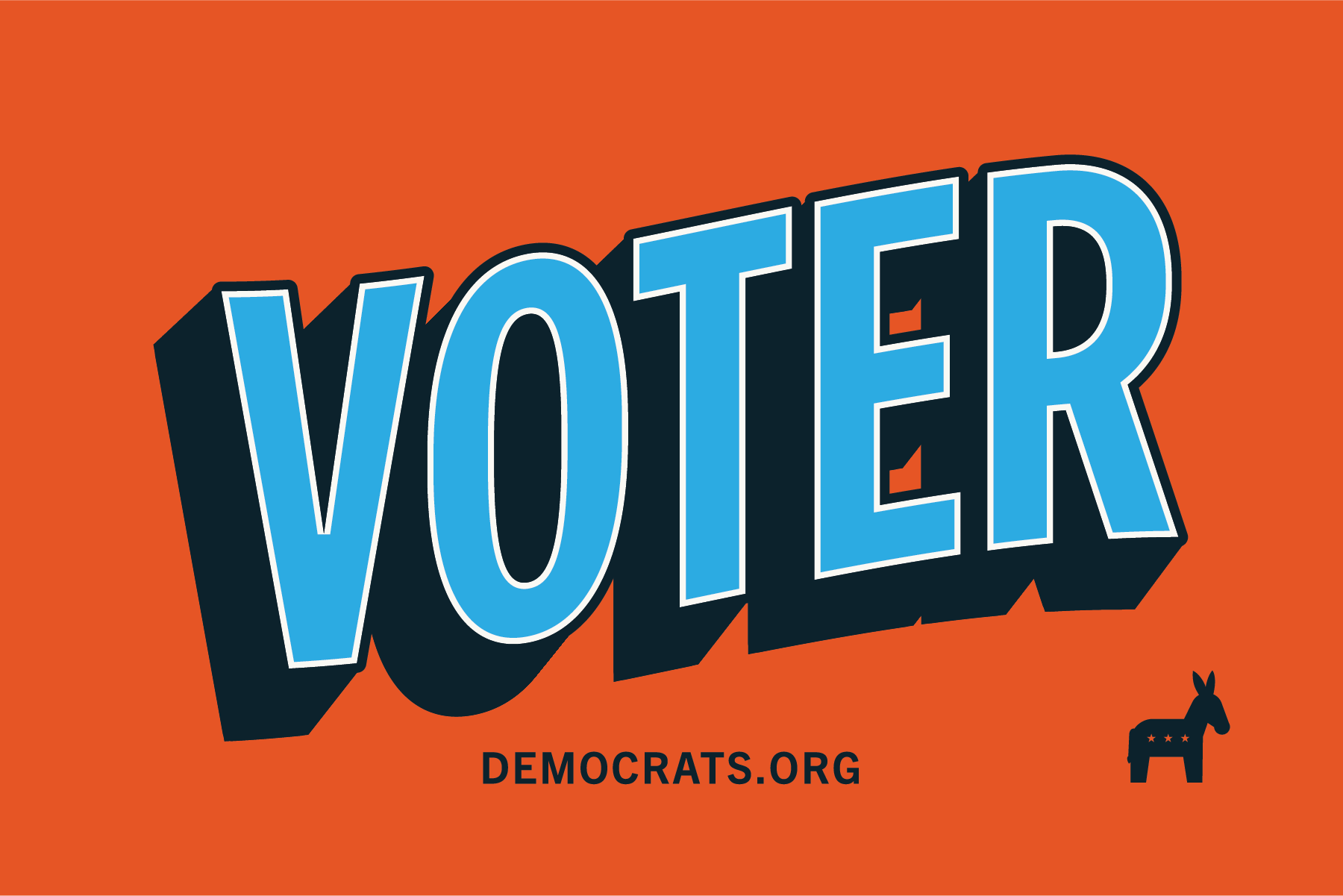 Orange Sticker with Bold Blue Font Reading 'Voter'