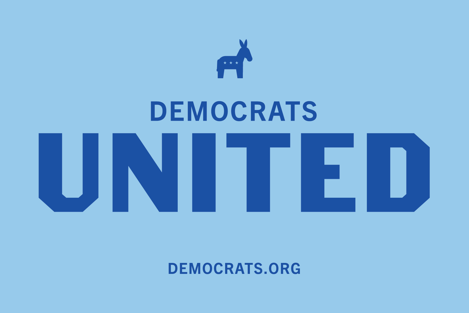 Light Blue Sticker with Bold Darker Blue Text Reading 'Democrats United'