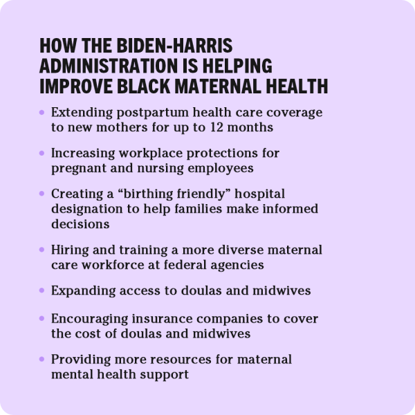 List of how the Biden-Harris Administration is helping improve Black maternal health.