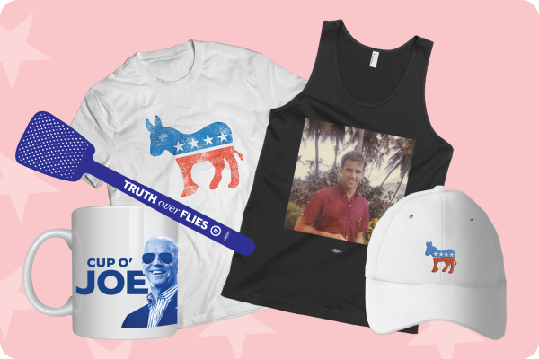 Retro Donkey T-shirt, Retro Donkey Hat, Cup of Joe, Fly Swatter, Your Joe Biden Tank Top, and more.