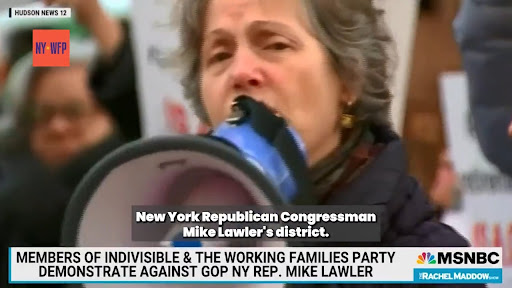 Screencap from MSNBC with headline: Members of Indivisible & the Working Families Party Demonstrate Against GOP NY Rep. Mike Lawler.