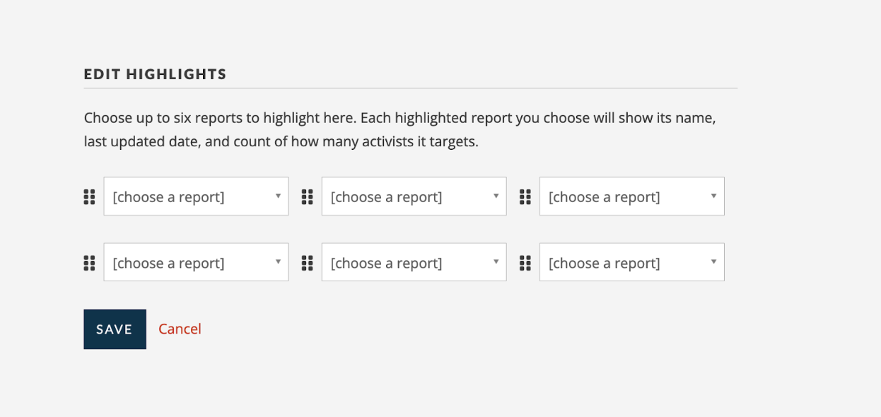 A screenshot of the Edit Highlights page, where you can select up to 6 reports you'd like to display on your Group Manage page.