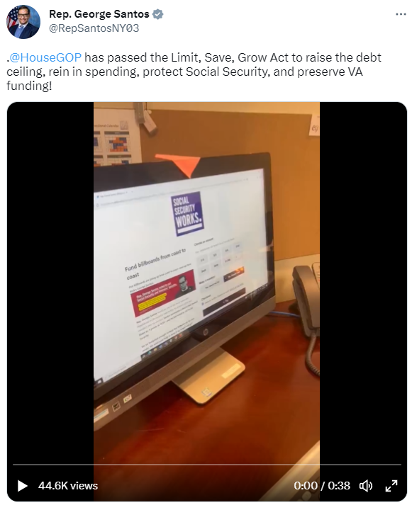 Screenshot of a tweet from George Santos with a video showing Social Security Works's ActBlue page