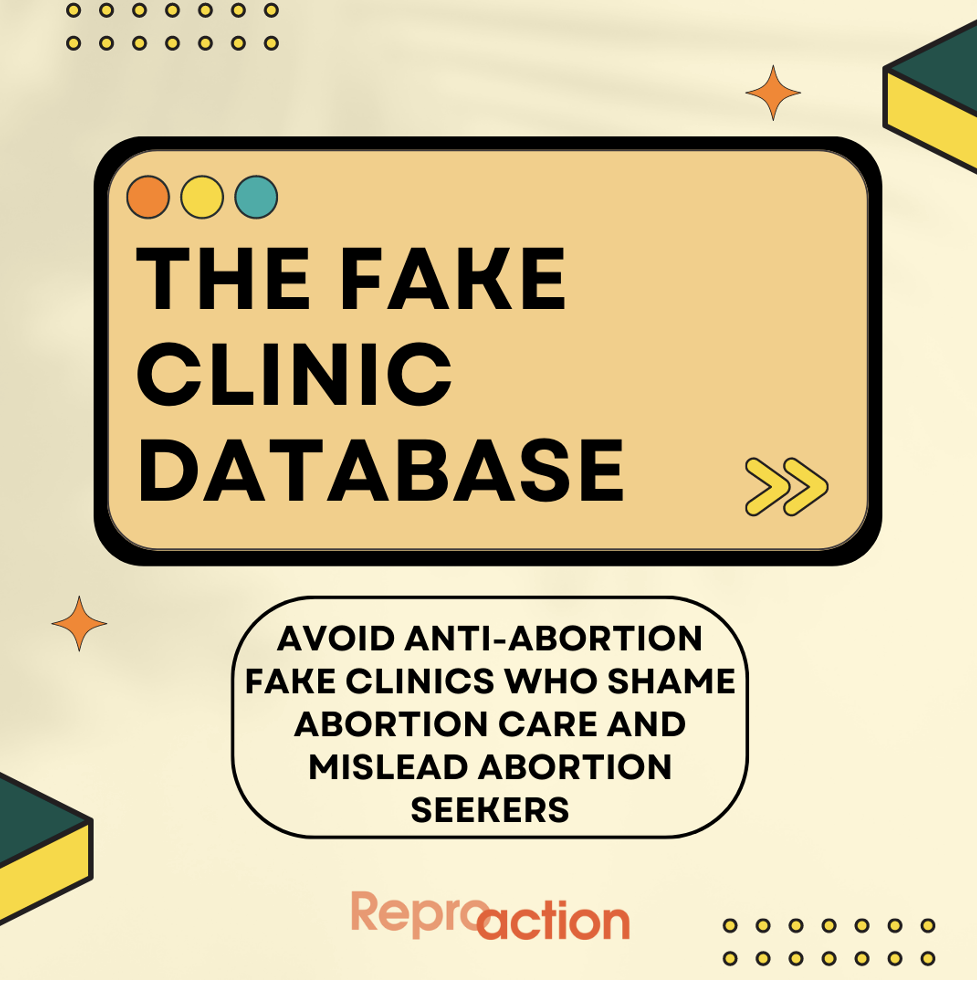  Alt-text: a multicolored digital background reads “The Fake Clinic Database” with a smaller textbox below it which says “Avoid anti-abortion fake clinics who shame abortion care and mislead abortion seekers” the Reproaction logo in orange is below this text box.