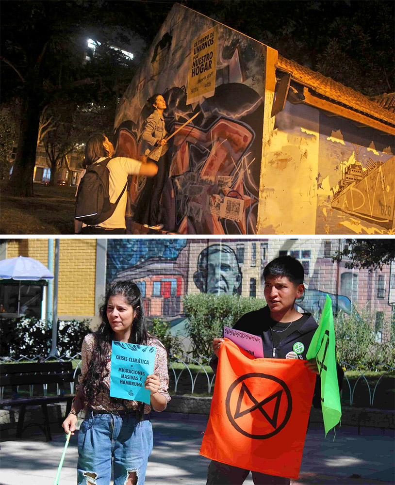 Top: rebels paste posters to walls at night. Below: 2 rebels hold XR signs in a square in La Paz