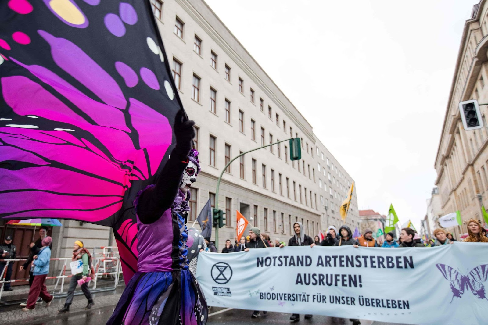A rebel dressed as a purple butterfly leads a street march
