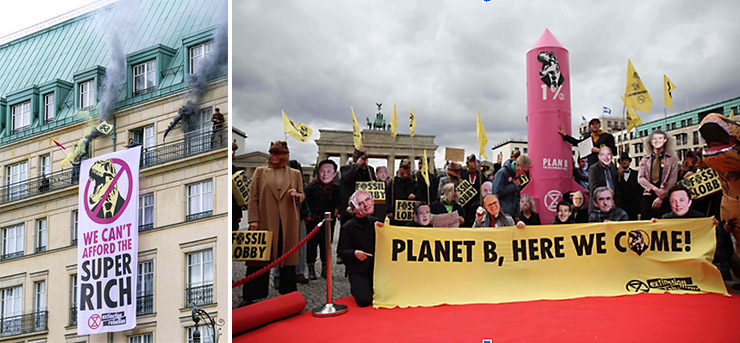 Left: A banner over a hotel says 'we can't afford the super rich'. Right: Rebels dressed as billionaires stand by a tall pink rocket. A sign: planet B here we come.