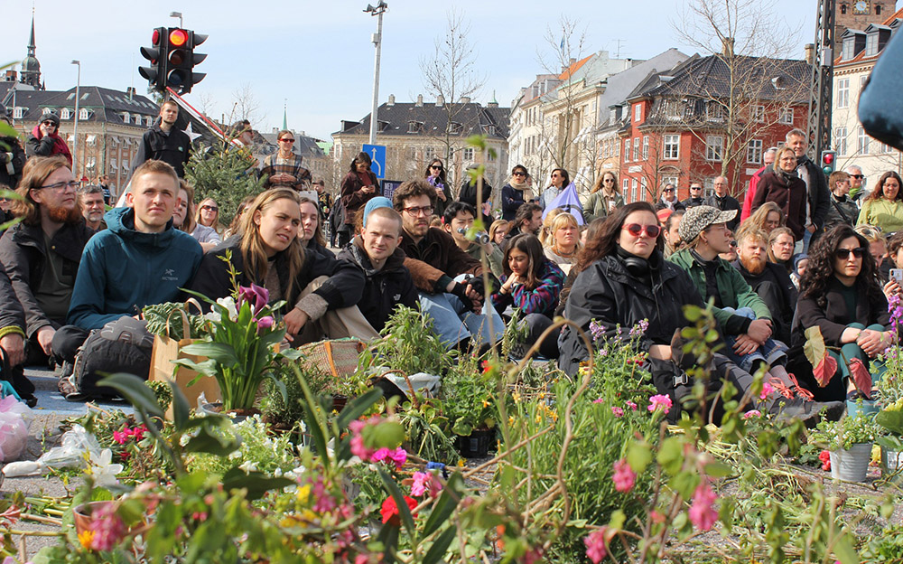 Rebels sit among flowers and plants in a large urbanised square