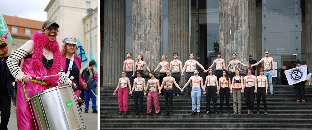 Left: Drummers smile on a march. Right: Topless rebels line up on the steps of a museum