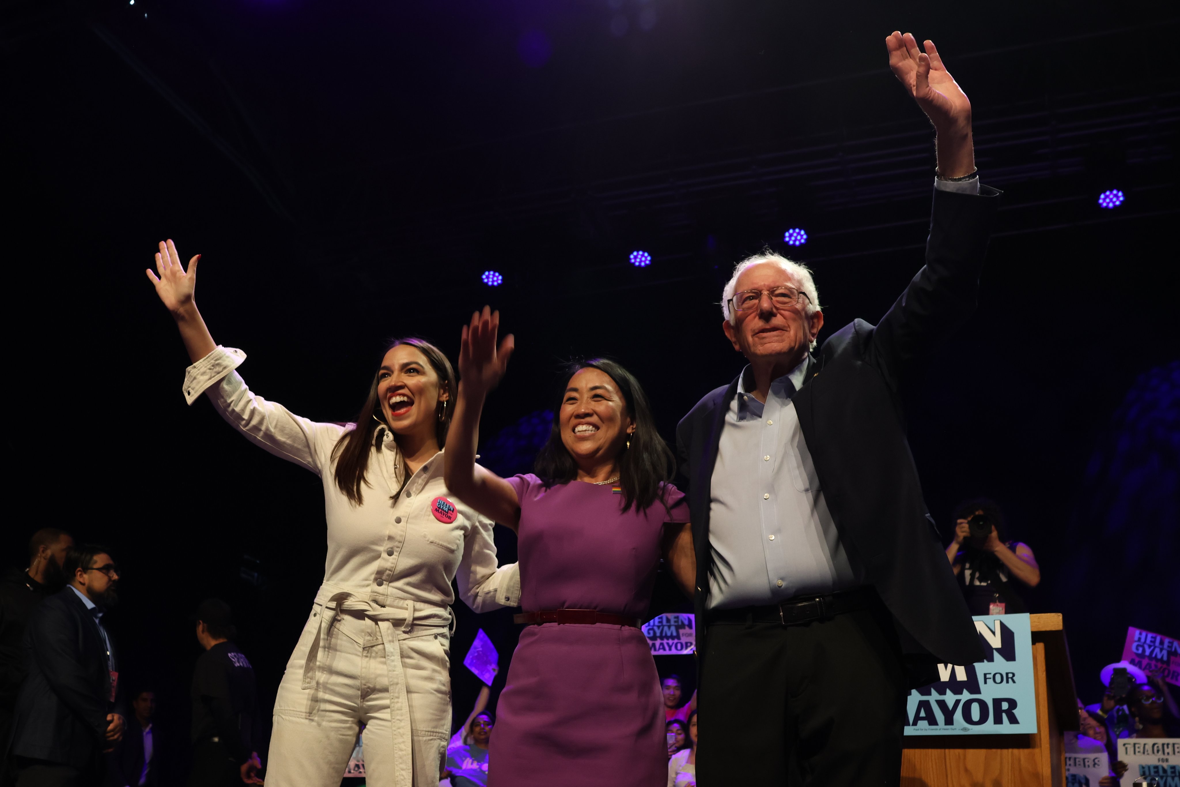 Photo of Helen Gym with AOC and Bernie Sanders