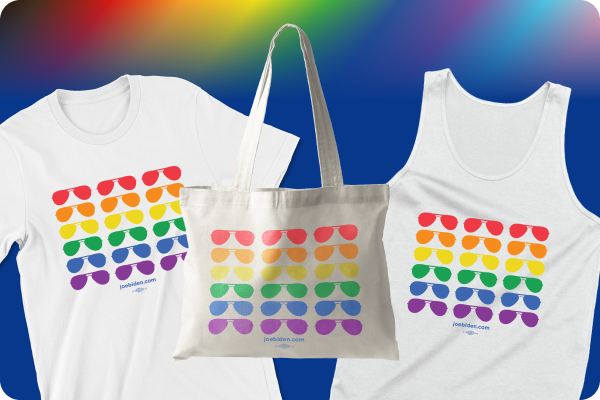 Biden-Harris Pride Merch Featuring Pride Flag Aviator Tee, Tote, and Tank