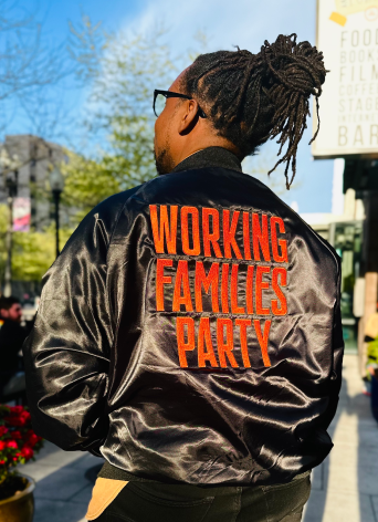 Working Families Party National Director Maurice Mitchell in a WFP bomber jacket