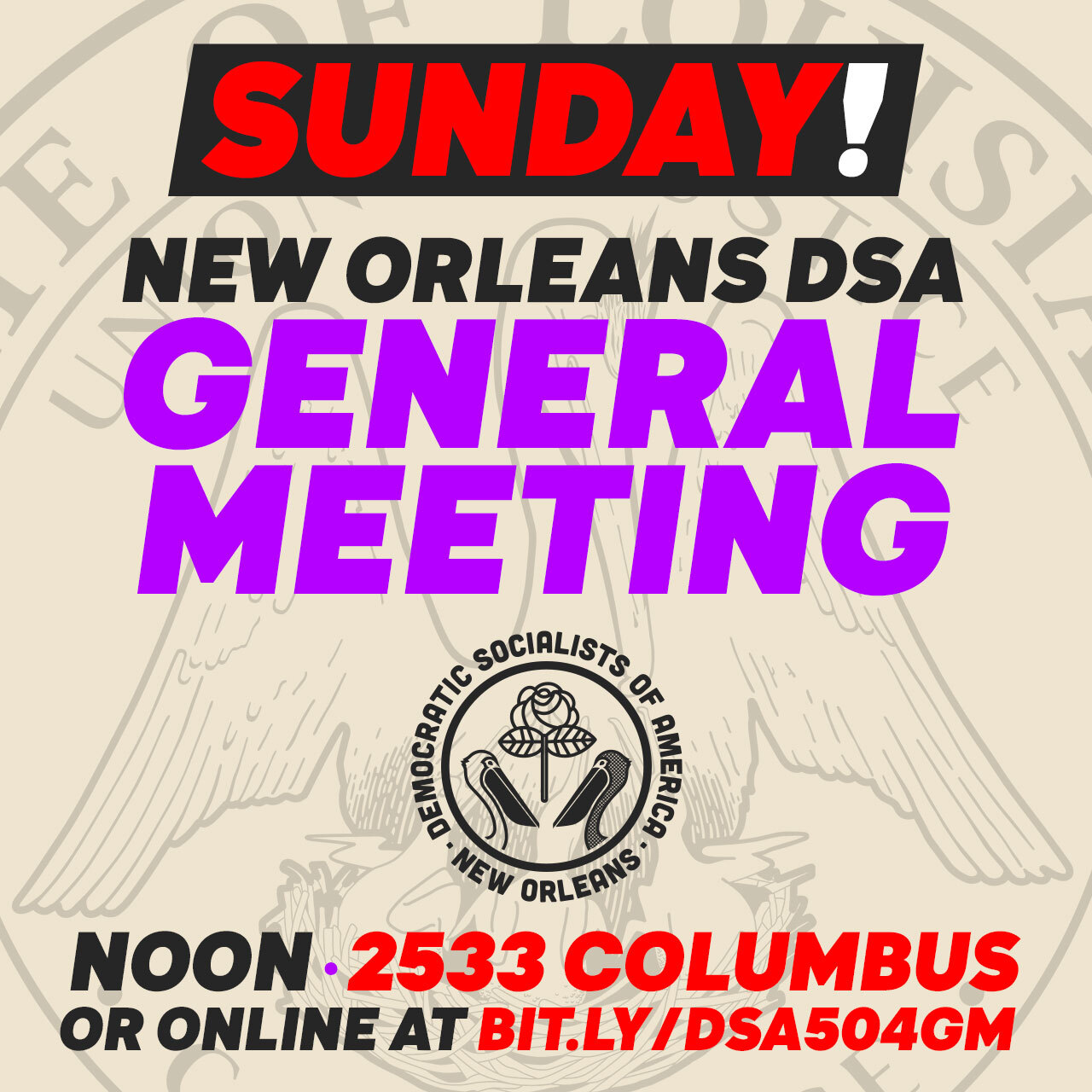 Sunday! New Orleans DSA General Meeting. Noon. 2533 Columbus Street. Or Online at bit.ly/dsa504gm