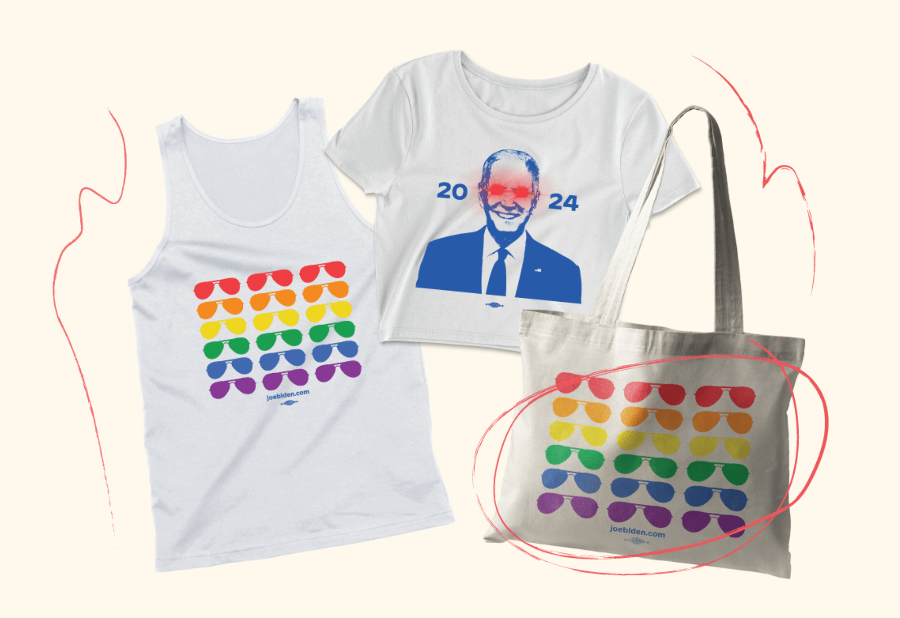 Biden-Harris Pride Merch Featuring Pride Flag Aviator Tank and Tote, and Dark Crop Top