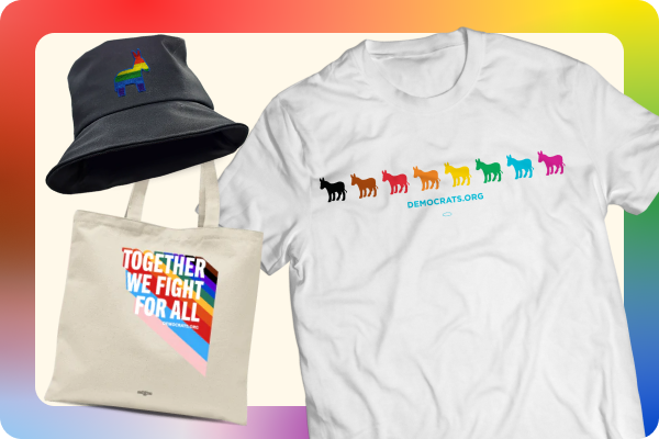 Pride Merch Featuring a Bucket Hat, Rainbow Donkey Tee, and Tote.