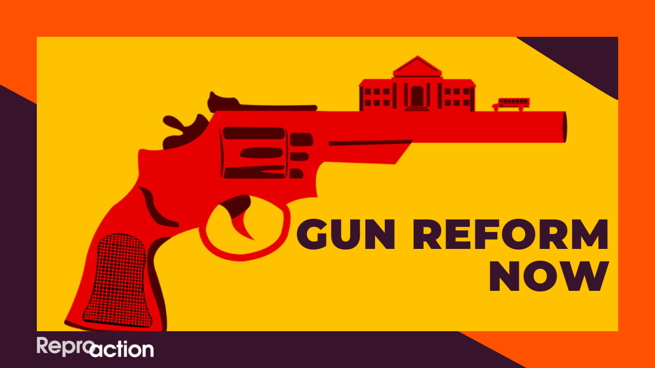 an illustrated gun with a courthouse on the barrel sits on a yellow, purple, and orange background with the text next to it that reads “Gun Reform Now.” The Reproaction logo is in the left corner in white. 