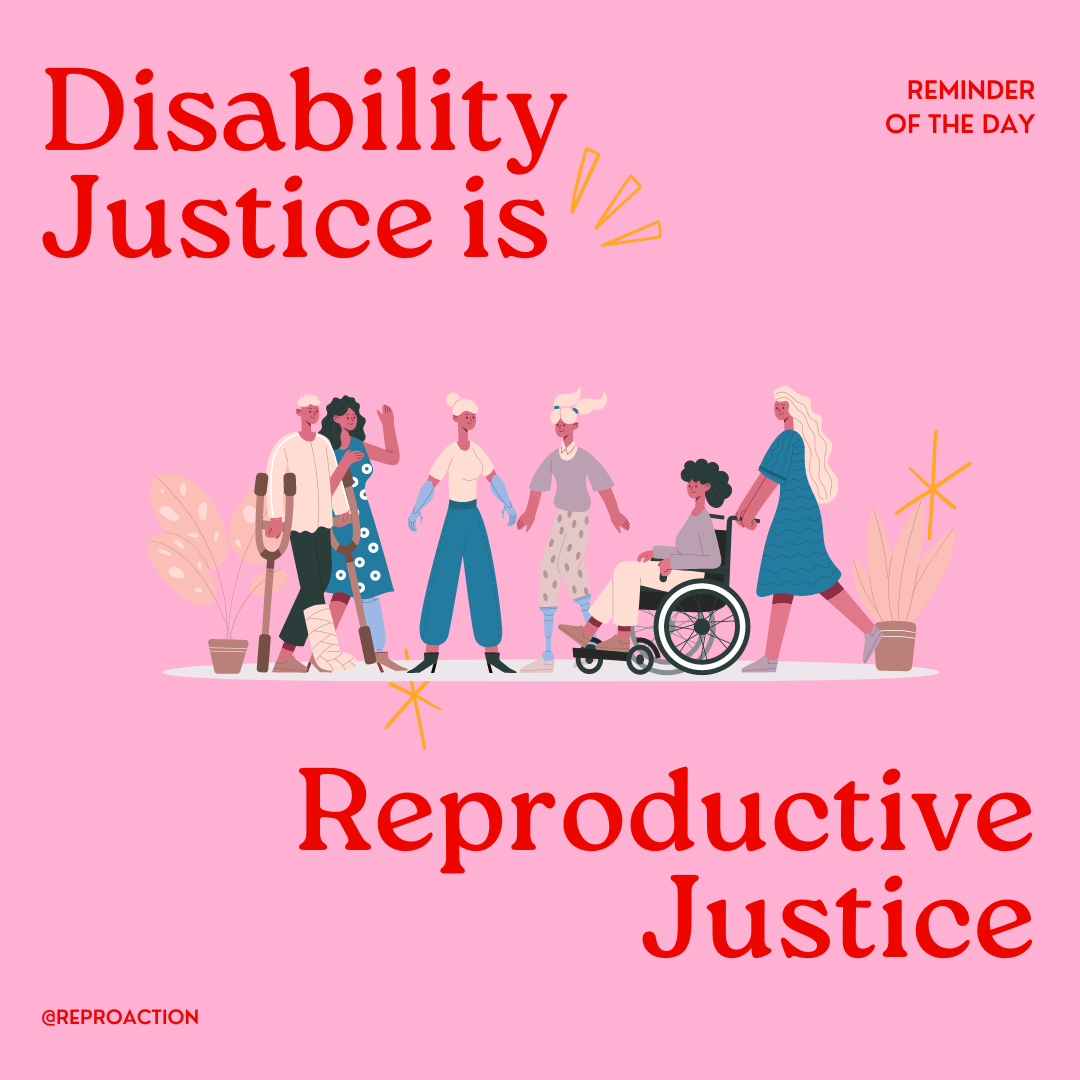 Graphic is on pink background with red text reads “Disability Justice is Reproductive Justice”. In the middle there is an animated picture of six people walking down a street together.