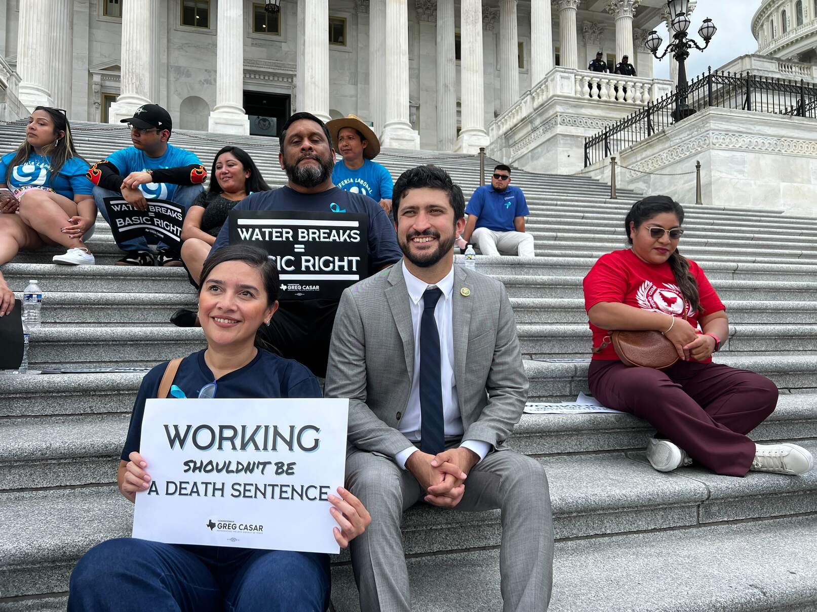 Rep. Greg Casar and protestors at a thirst strike outside the U.S. Capitol. Protestors hold signs saying 