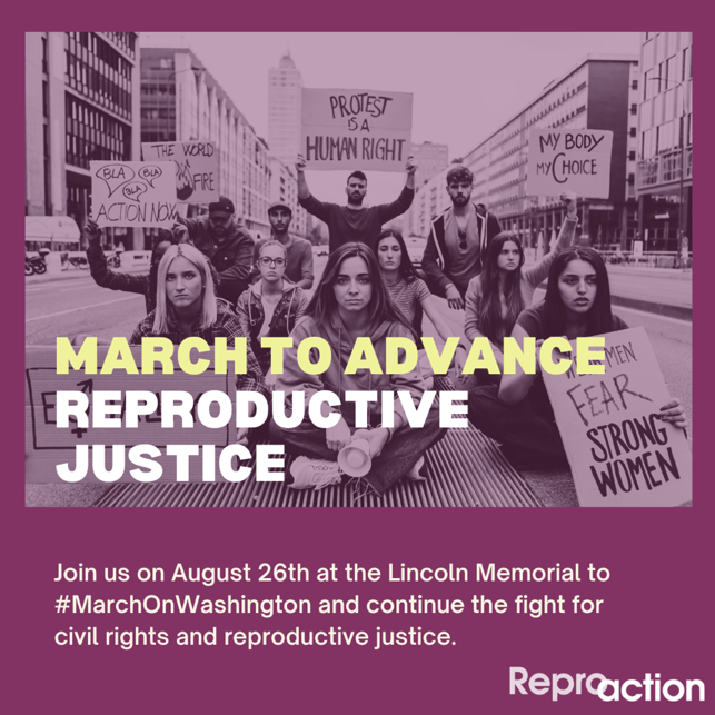 : a purple background with a group of people protesting on it reads “March to Advance Reproductive Justice” below this it reads “Join us on August 26th at the Lincoln Memorial to #MarchOnWashington and continue the fight for civil rights and reproductive justice.” The Reproaction logo is in the bottom right corner in white. 