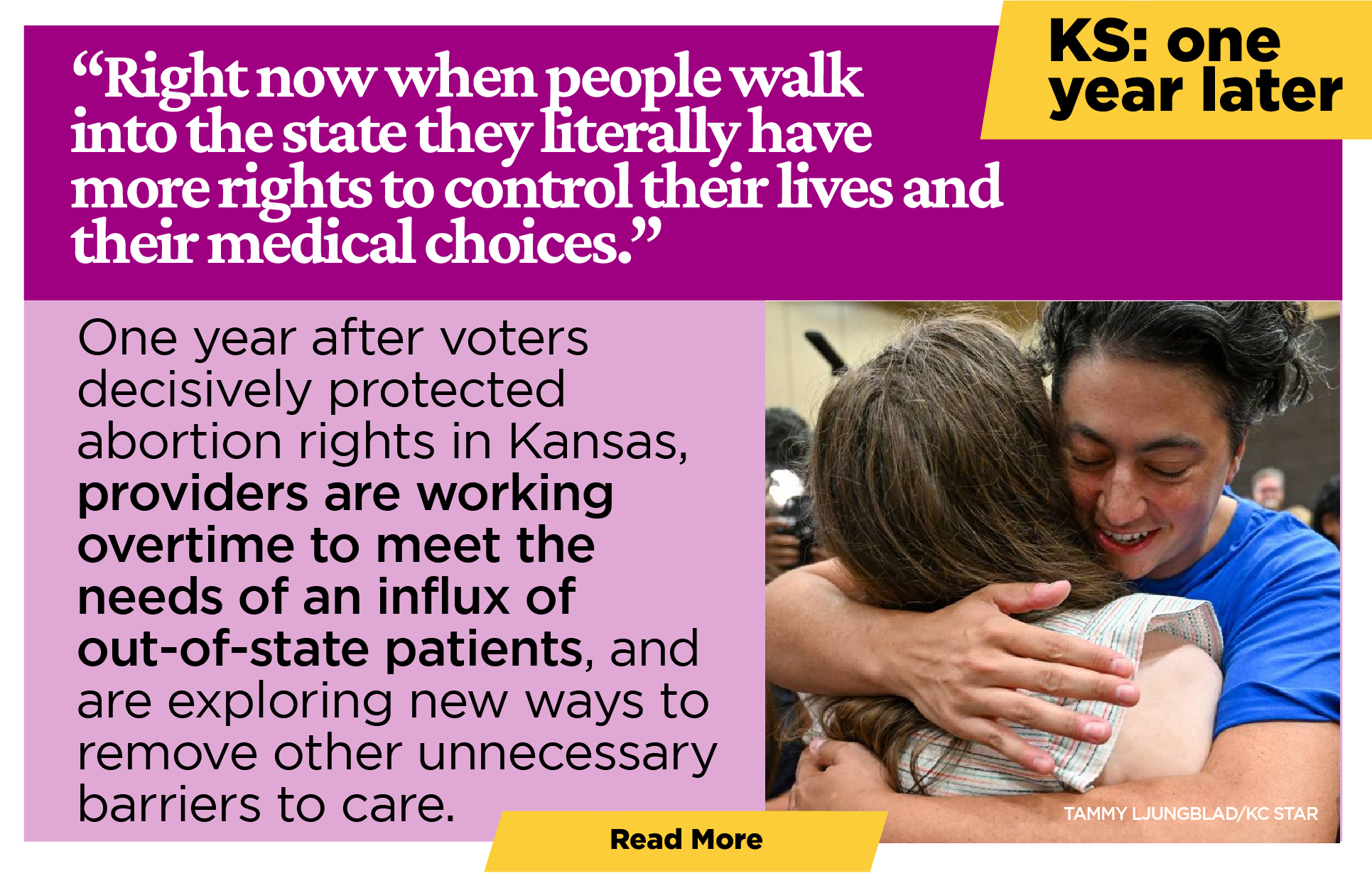 KANSAS: ONE YEAR LATER One year after voters decisively protected abortion rights in Kansas, providers are working overtime to meet the needs of an influx of out-of-state patients, and are exploring new ways to remove other unnecessary barriers to care.  “Right now when people walk into the state they literally have more rights to control their lives and their medical choices.”  [Read more]